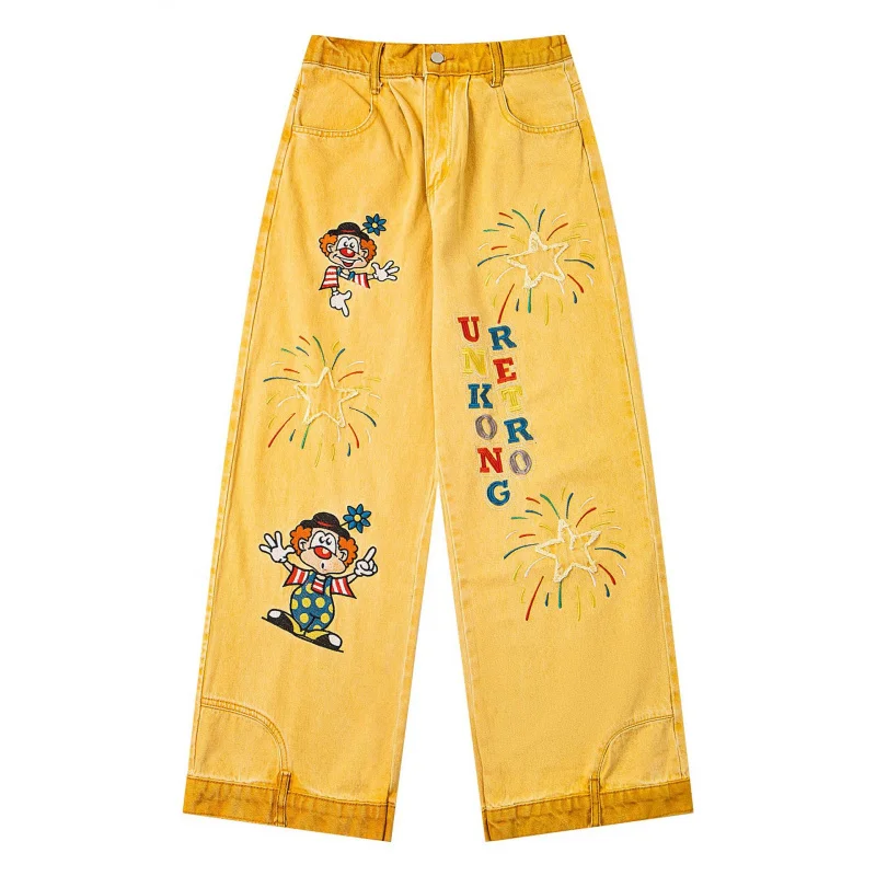 

DAVIDSHAO EU US Size Top Quality Street Outdoor Retro Cartoon Embroidery Straight Jeans Unisex Loose Casual Wide-Leg Pants
