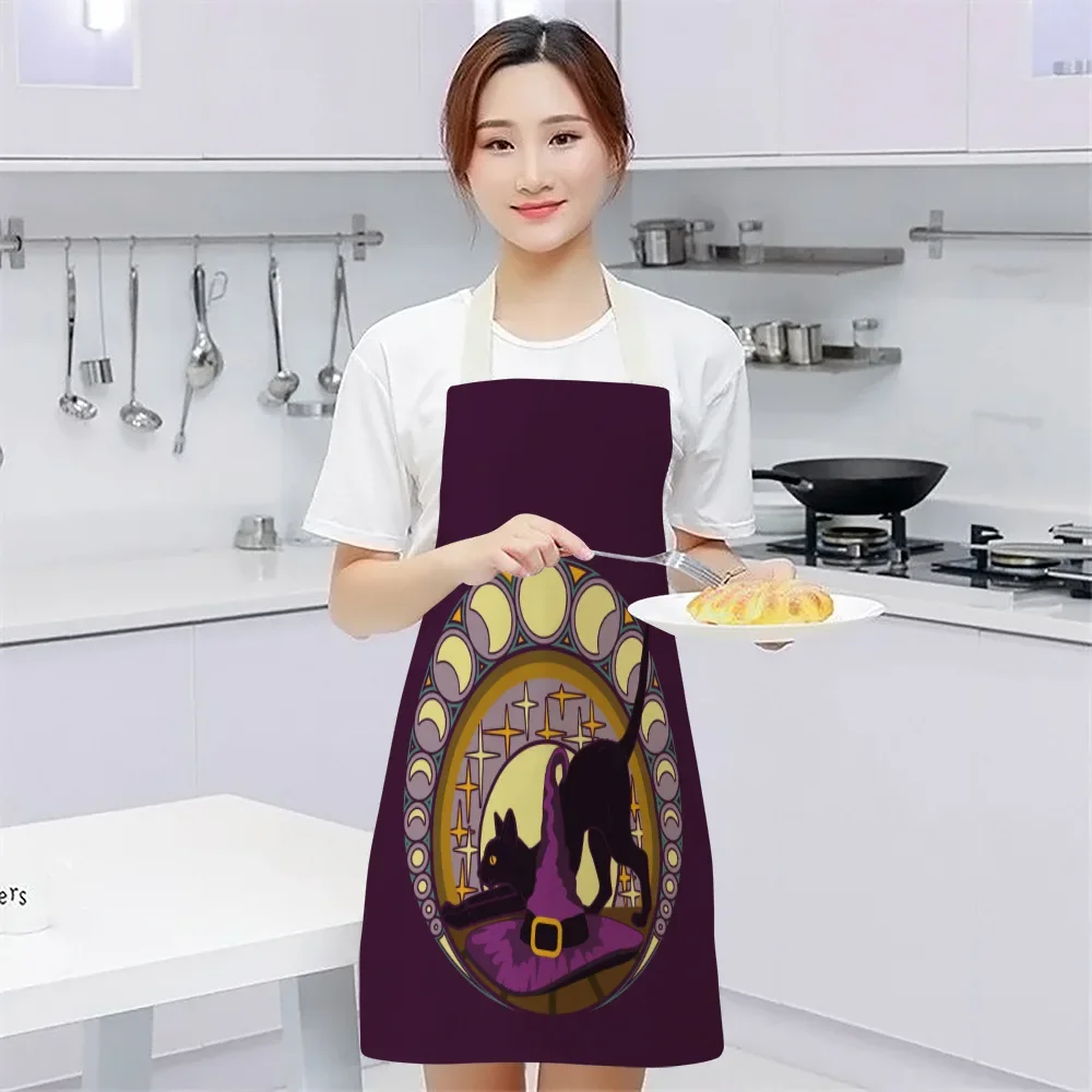 Black Cute Cat Printed Kitchen Cooking Baking Aprons 55x68cm Sleeveless Cotton Linen for Women Man Home Delantal Cocina