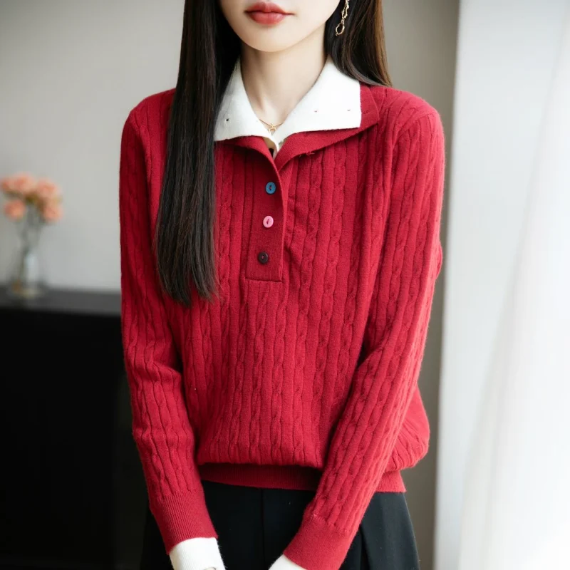 

Retro Twist High-end Colorful Button Sweater for Women Half Open Collar Sweater 2025 New Gray Top