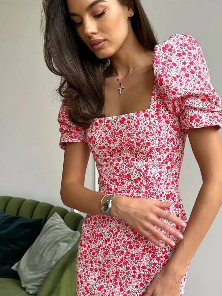 

Dresses For Woman Summer New Floral Short-sleeved Dress Color Colorful Simple Style Vestidos Elegant Temperament Robe All-match