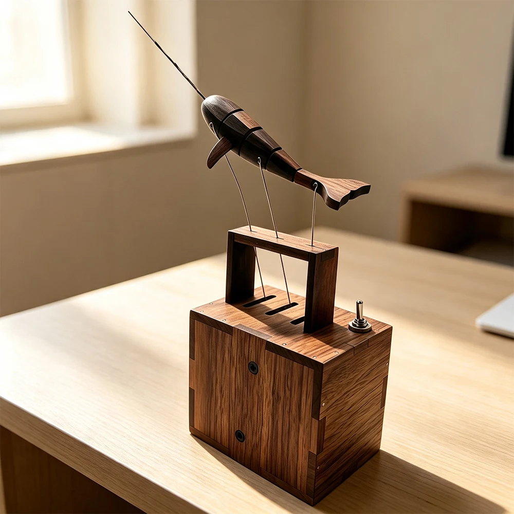 Creative Handmade Wooden Narwhal Automaton Kinetic Art Sculpture, Mechanical Desktop Decor for Home Office Desk Decoration