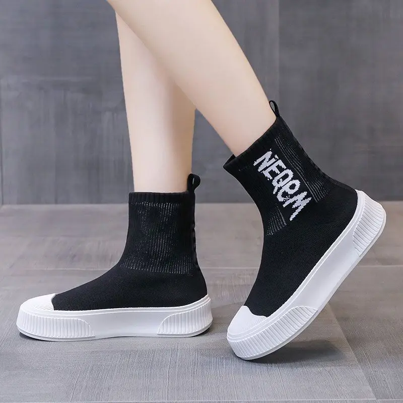 2024 Footwear Chunky Black Sneakers Women\'s Ankle Boots Platform Flat Booties Sock Sports Short Shoes for Woman Fashion Boot Y2k