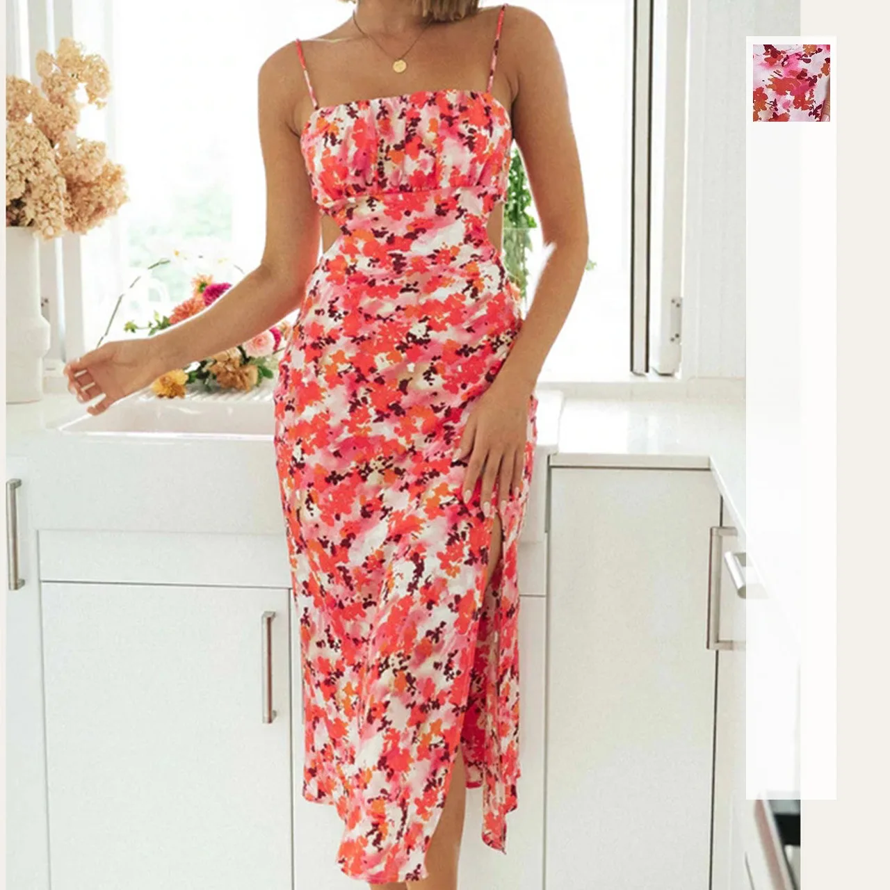 Nouvelle mode européenne et américaine, bretelles creuses au dos, jupe à extrémités fendues, robe à bretelles fraîche et douce 1