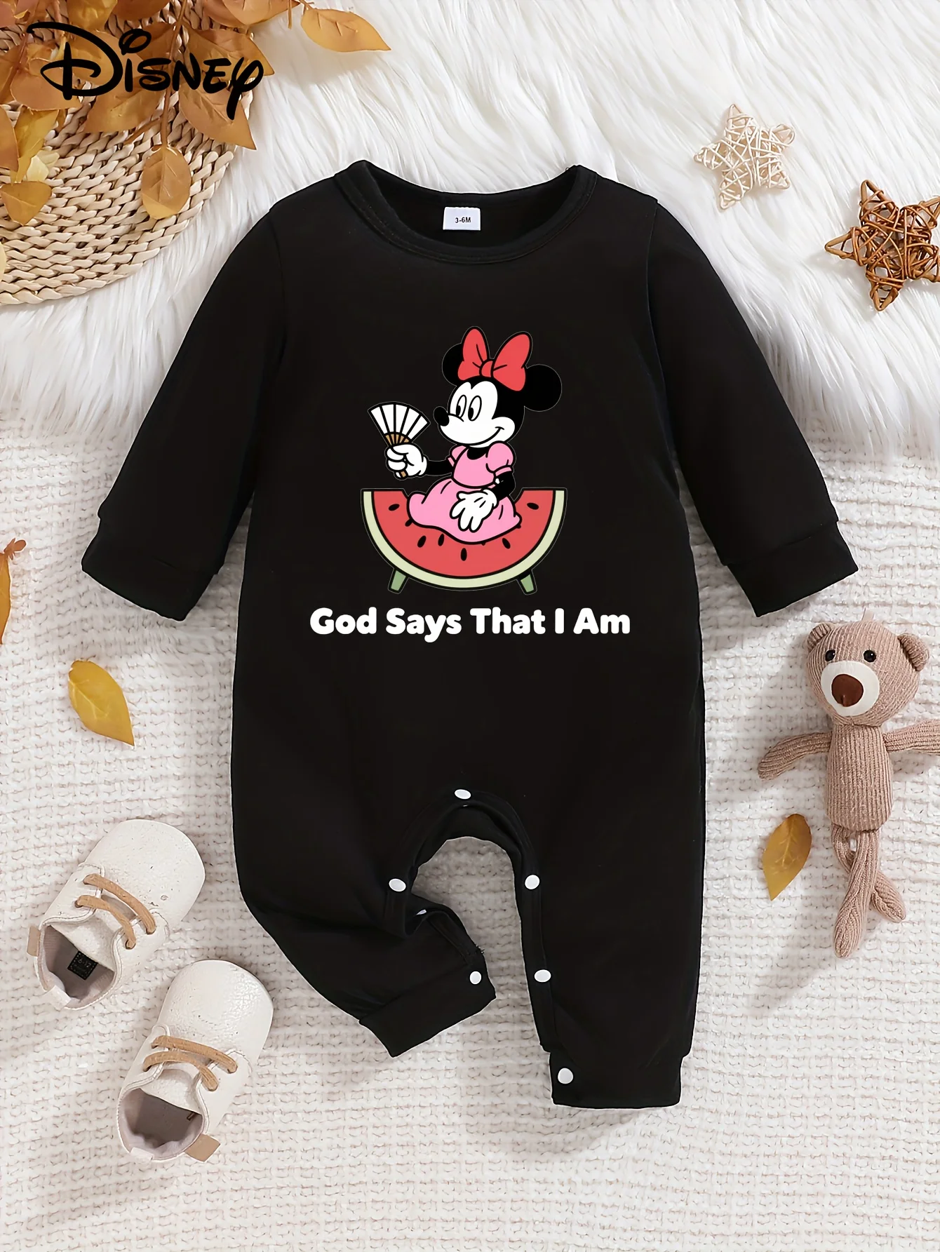 

【Осанторизованный】Детский комбинезон с длинными рукавами Disney Minnie Mouse, милый узор с принтом, круглый вырез, мягкий и удобный, можно стирать в машине, подходит для всех сезонов, подходит для улицы