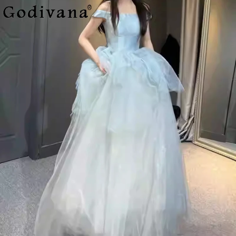

New Temperament Slash Neck Blue Female Birthday Princess Evening Dress Elegant Lace-up Fashion High Waist Party Fairy Dresses