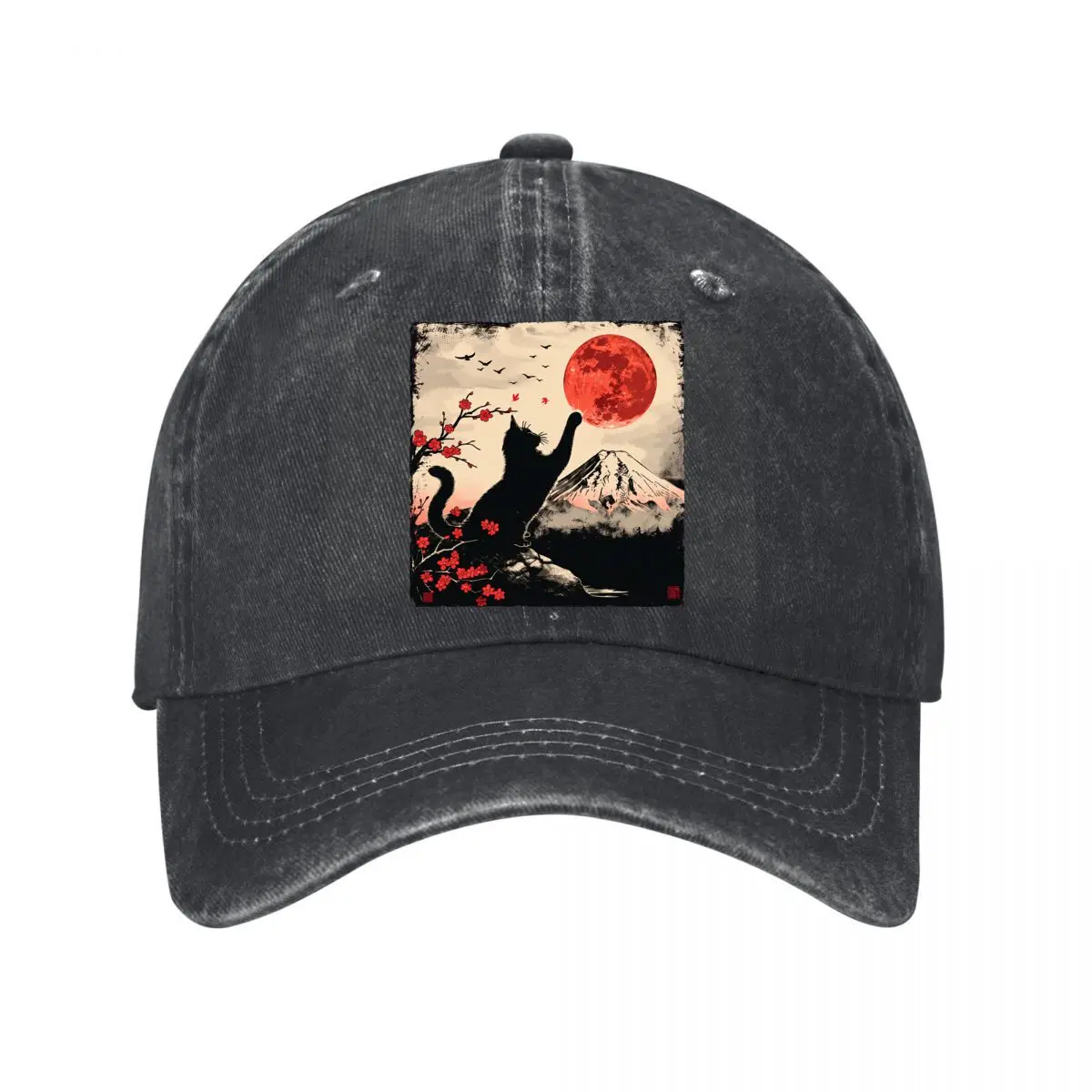 Japanese Art Black Cat Red Moon Mount Sakura Baseball Cap Men Women Distressed Washed Sun Cap Outdoor Workouts Hat