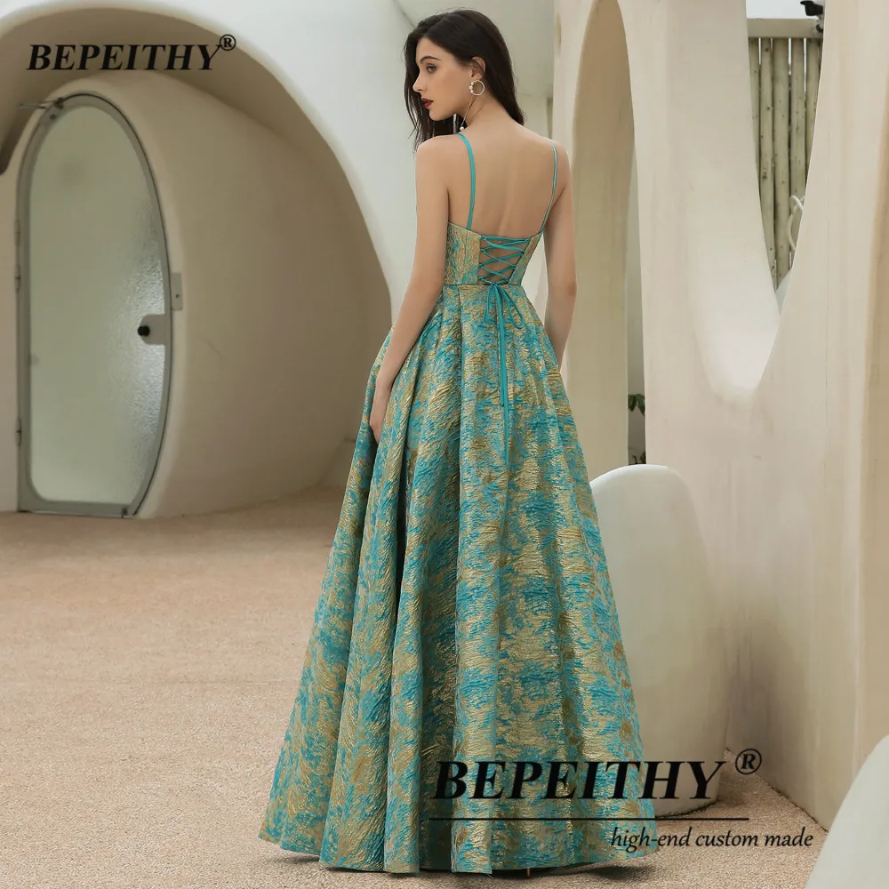 BEPEITHY Customized Jacquard A-Line Prom Dress 2023 Party Dresses Luxury Sexy V-Neck Evening Dress Lace-Up Back Without Panel