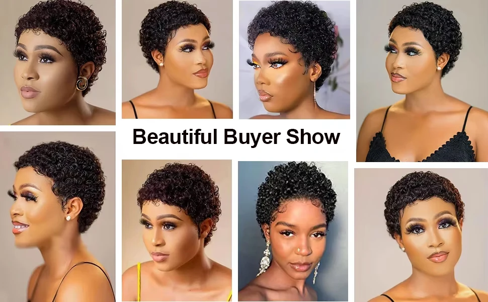 Pixie Cut Bob Perücke Afro Lockig Jerry Curly Kurz Machine Made 100% Echthaar Brasilianisch Natur Schwarz Versand aus FR Lager für Frauen – Detail 10