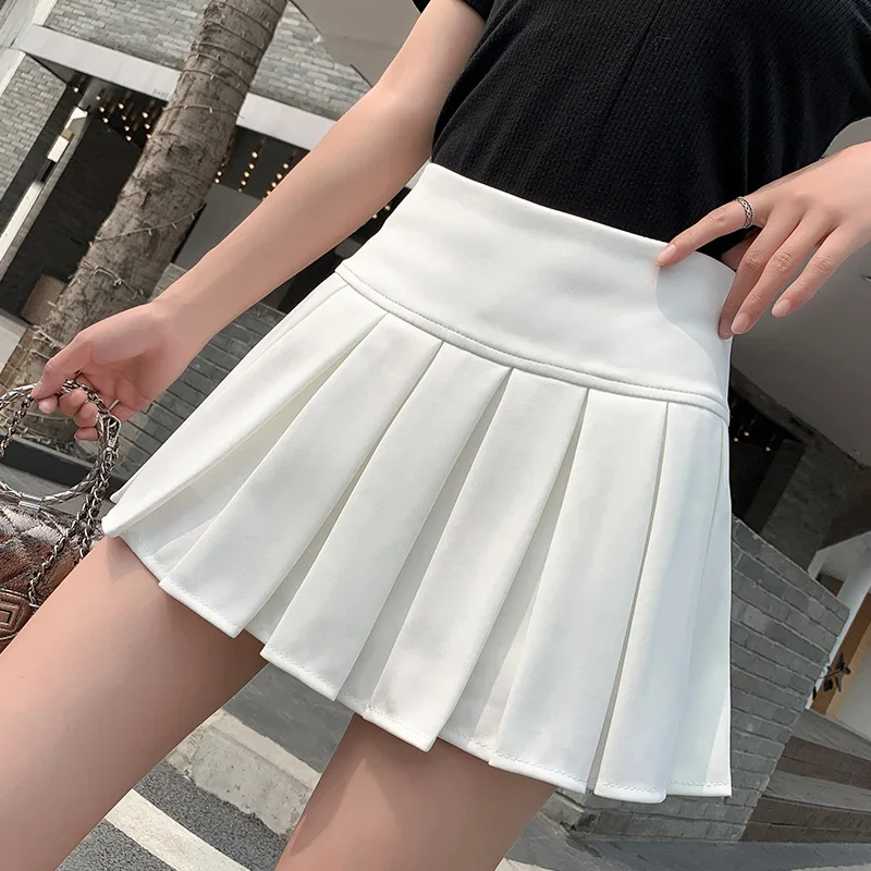 

Fashion Women Elastic High Waist Miniskirt Sexy Anti-glare Pleated Skirt Show Leg Length Slim A Line Skirts Black White L438