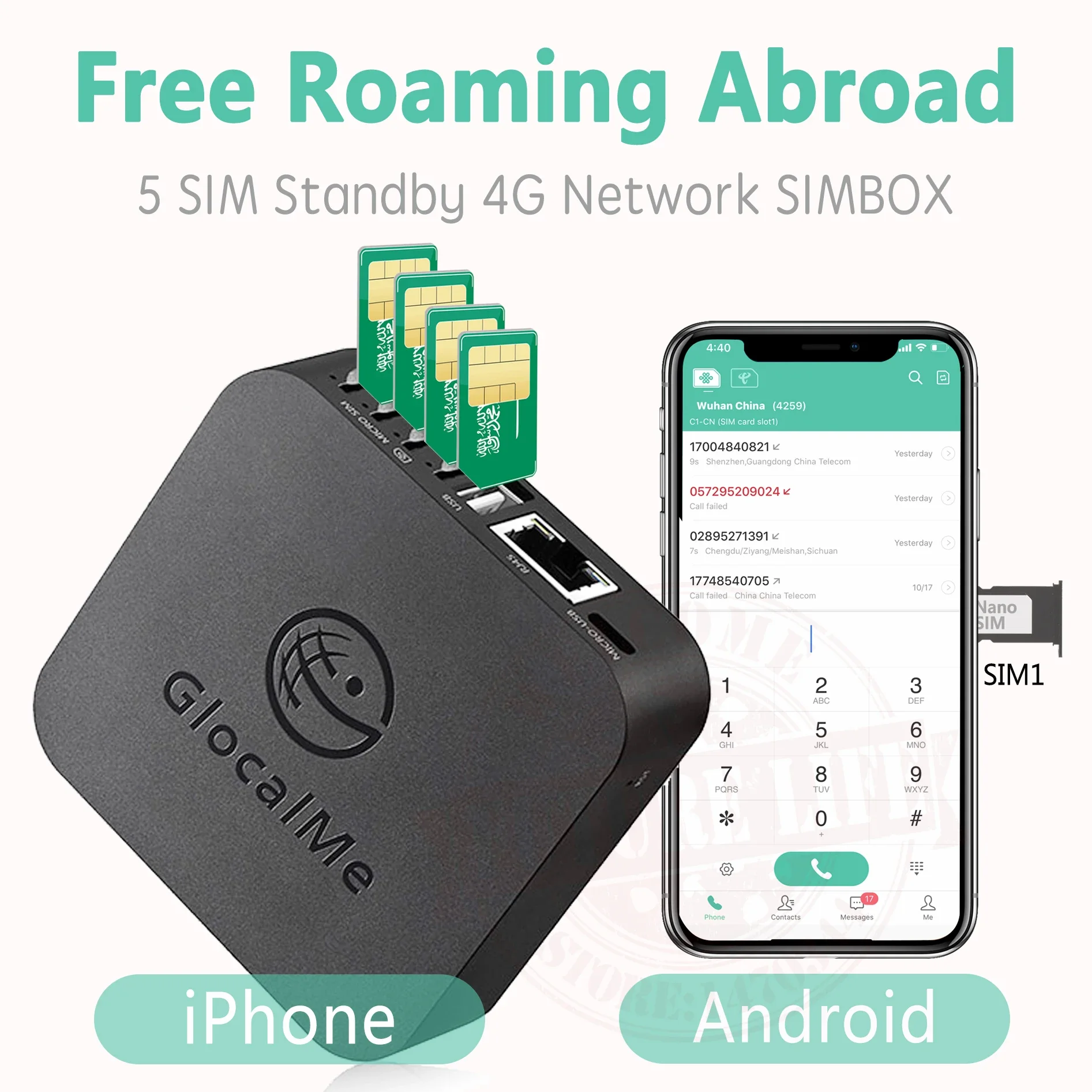 

Glocalme Call Dual Standby No Roaming Abroad 4G SIMBOX for iOS & Android No Need Carry WiFi / Data to Make Call &OTP