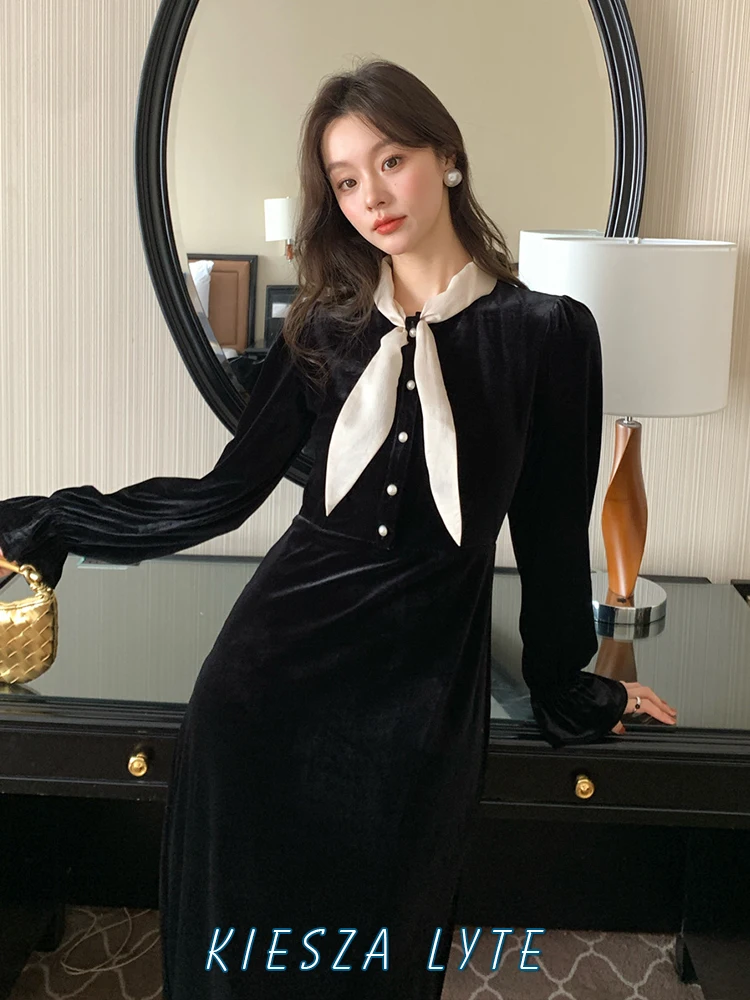 

Fashion party 2024 Spring Autumn vintage French Hepburn Elegant Scarf Collar Long Sleeve High quality Velvet Dresses for Women
