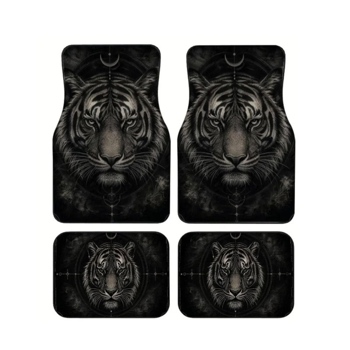 

Universal 4Pcs Car Floor Mats Black Grey Sketch Tiger Head Moon Symbol Print Waterproof Anti-slip Auto Foot Pads Animal Carpet