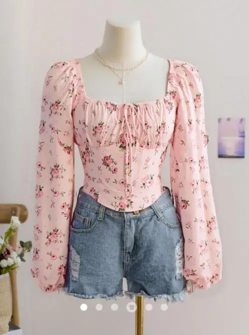 

Top Women 2025 Spring Autumn New Floral Print Temperament Square Neck Long Sleeved Irregular Hem Crop Pullover Top for Women