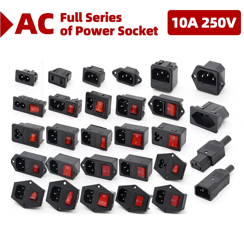 IEC320 C14 Electrical AC Socket 3 pin red LED 250V Rocker Switch 10A fuse female male inlet plug connector 2 pin socket mount