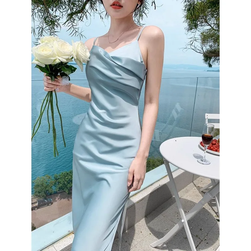 

French Style Blue Sling Dress Women's Summer Satin Texture High-Grade Slim Fit Dignified Sense of Design