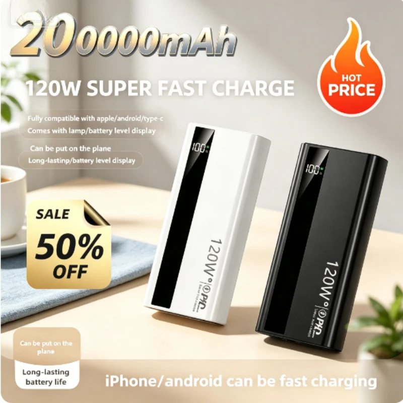 20000mAh Ultra-thin 120W Super Fast Charging Power Bank with Digital Display Mobile Power Supply Suitable for IPhone Xiaomi