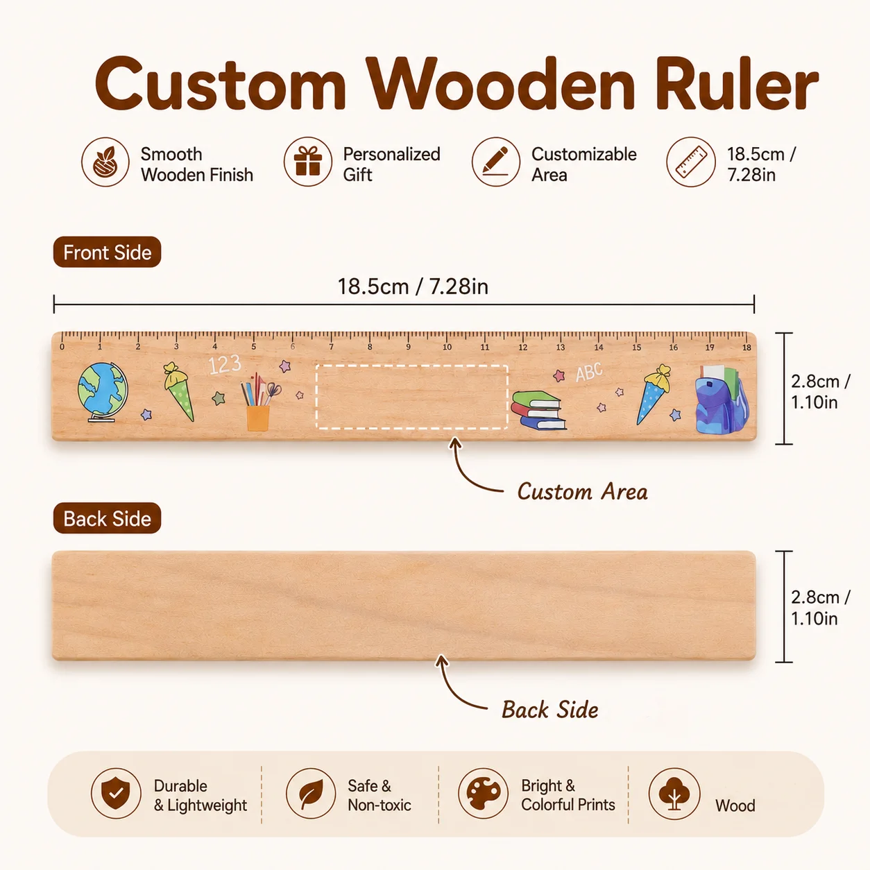 Custom Name Wooden Ruler Personalized Study Desk Gift Colorful Long-Lasting 7.28in Eco-Friendly Ruler for School Students