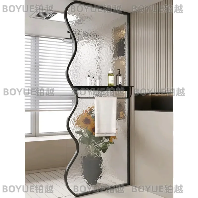 Cream Style Shower Screen Glass Partition Bathroom Dry Wet Separation Wrought Iron Stainless Steel Storage Blocker Modern