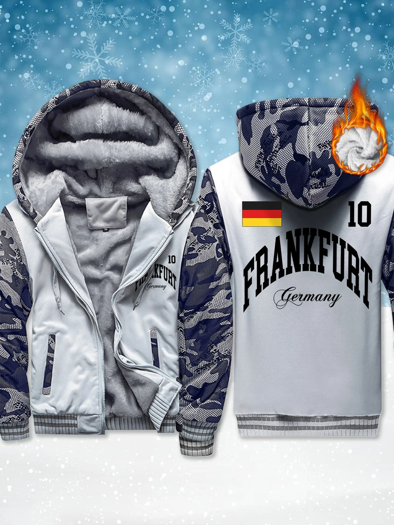 

Frankfurt Germany Flag Letter Printed Men New Fleece Soft Jackets Thicken Warm Hoodie Winter Comfy Outwear Pocket Zip-Up Veste