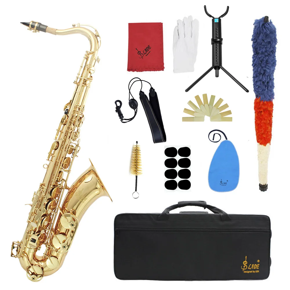 SLADE Tenor Saxophone Bb Tune Brass Lacquer Gold Sax Professional Musical Instrument With Case Reeds Gloves Parts & Accessories