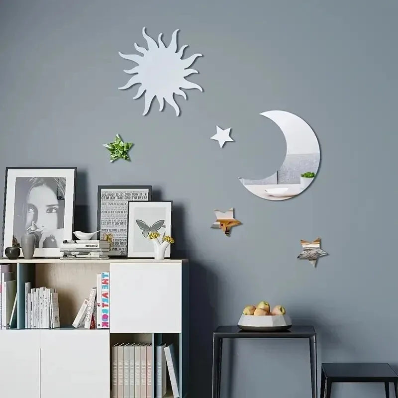 6Pcs Star & Moon Combination Mirror Wall Sticker - Ramadan Kareem Decor, Bedroom & Living Room Holiday Birthday Supplies
