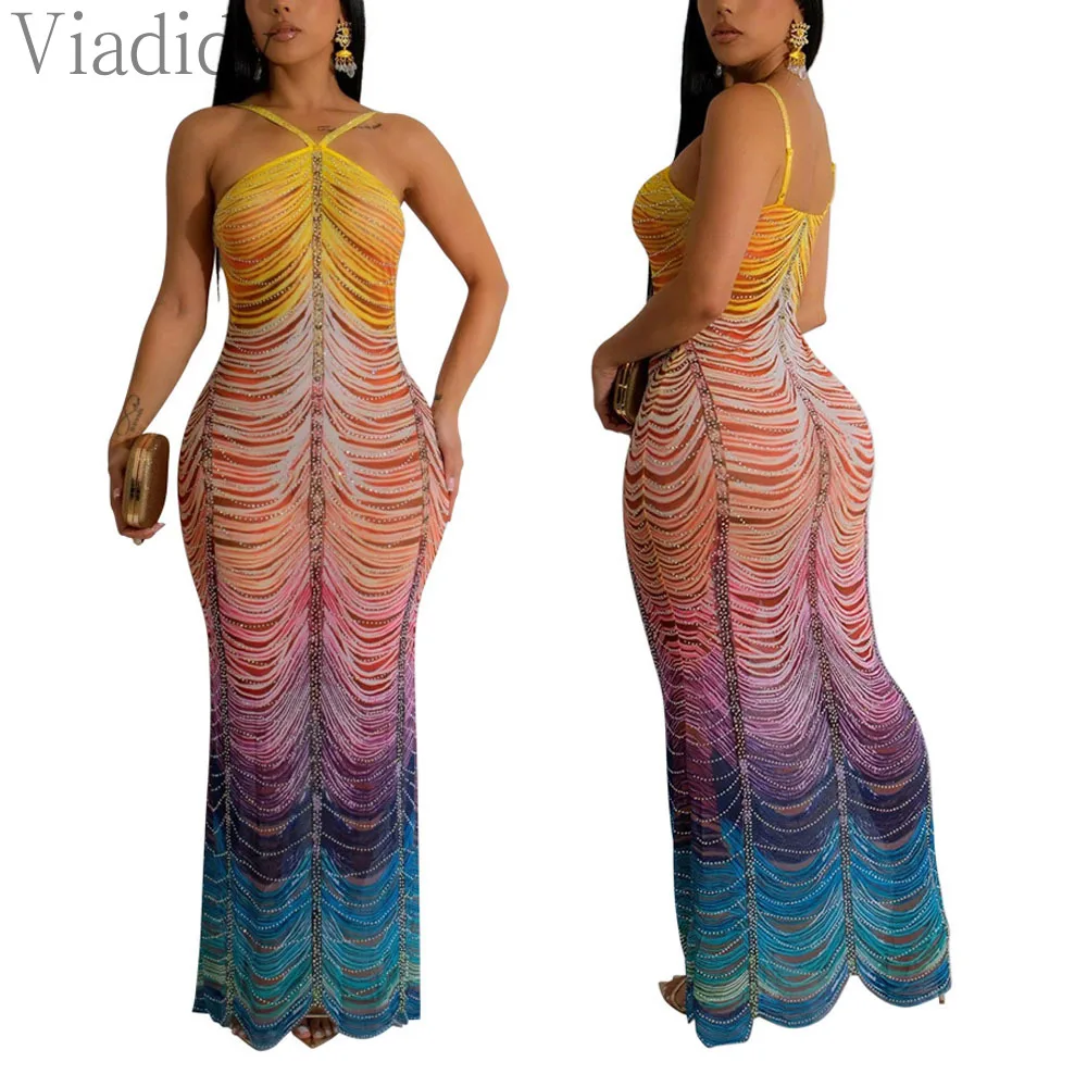 Women Sexy Print Sheer Mesh Sleeveless Spaghetti Strap Rhinestone Decor Floor-length Dress