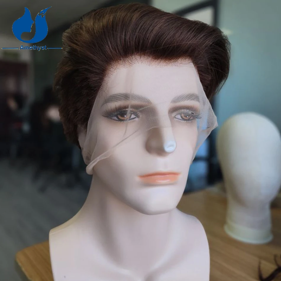 Amethyst Brown Straight Men's Boy Cut Wig Shaved Remy Human Hair Short Pixie Cut Bob Full Lace Wig Pre Plucked Bleached for Male
