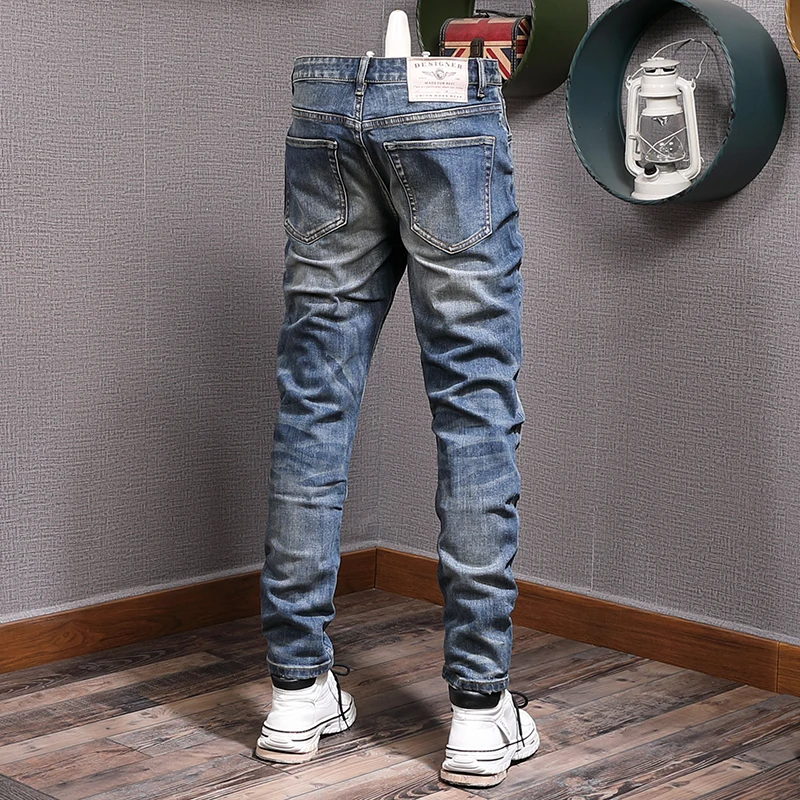 Italian Style Fashion Men Jeans Retro Blue High Quality Elastic Slim Fit Vintage Jeans Men Stretch Casual Designer Pants Hombre