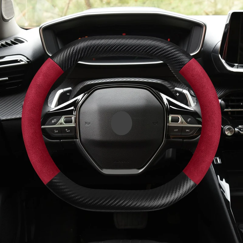 For Peugeot Suede Leather Car Steering Wheel Cover 3008 4008 5008  208 e208 2008 e2008 Carbon Fiber Non-slip Up and down D Cover