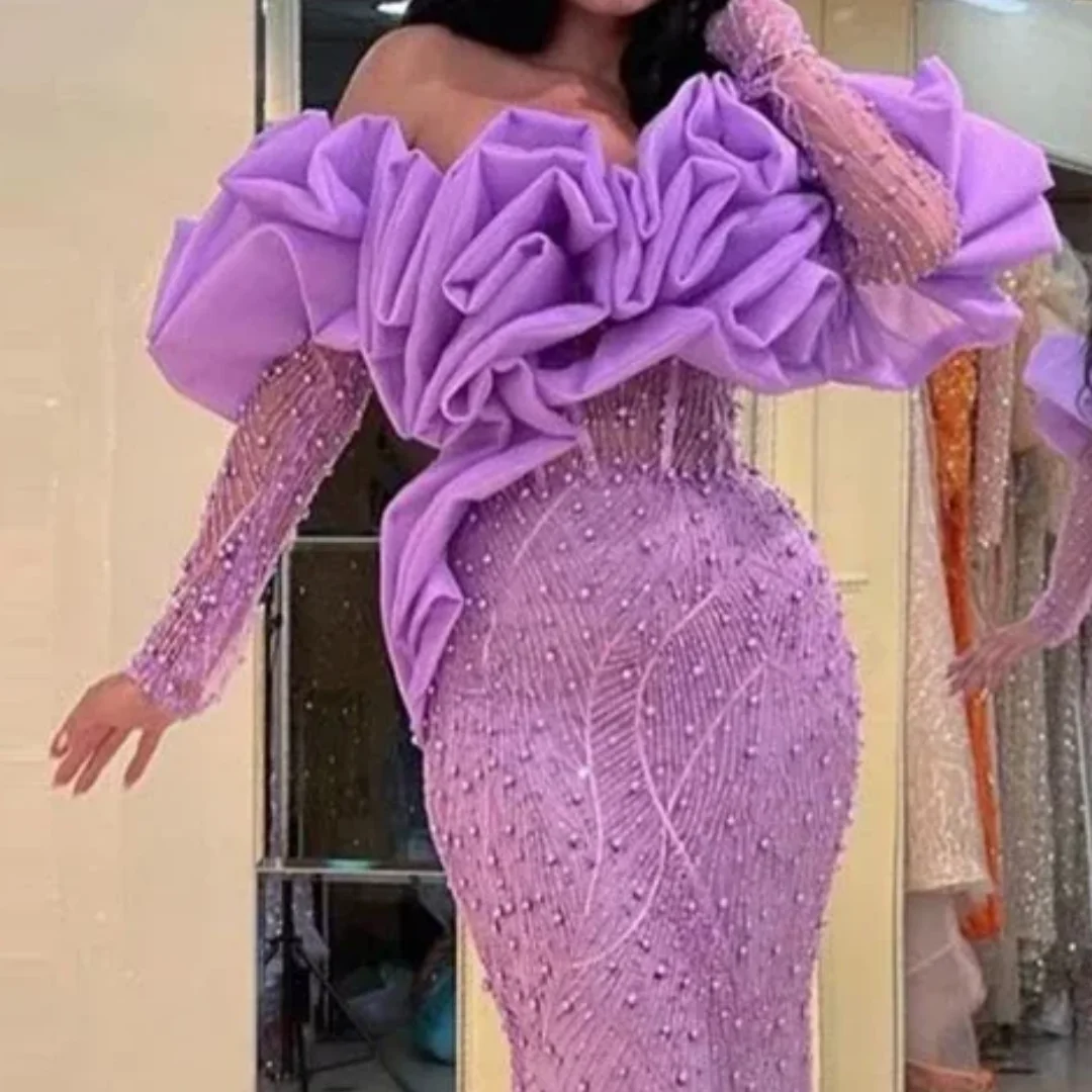 حورية البحر الخزامى حبة ماكسي فساتين رسمية مطوي Ruched الرقبة طويلة الأكمام فساتين رسمية الديكور فستان حفلة موسيقية فاخرة مخصصة