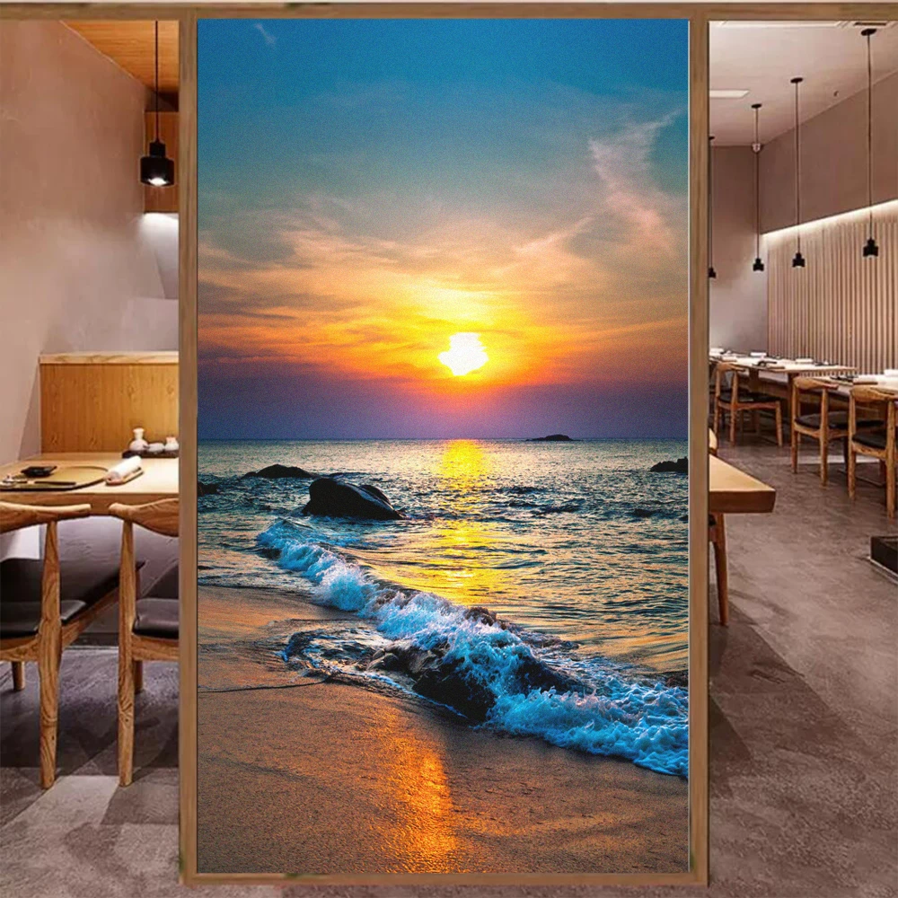 

Static Cling Privacy Window Film Heat Control UV Blocking Window Glass Sticker Beautiful Beach Pattern Glass Frosted Window Film