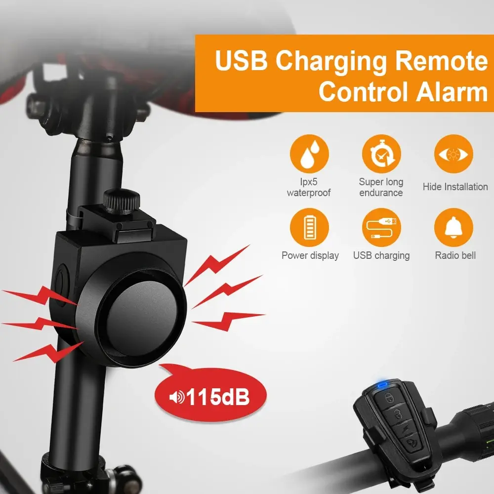 Sistemas de alarme antiroubo sem fio para motocicleta, bicicleta alarme com controle remoto, carga USB, bicicleta detecção de movimento, 115dB