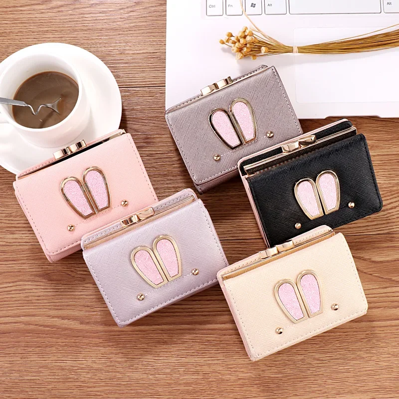 Short Cartoon Women Wallets Three Fold Rabbit Ears Hasp Coin Purses Female Pu Leather Sequins Solid Color Card Holder Clutch Bag