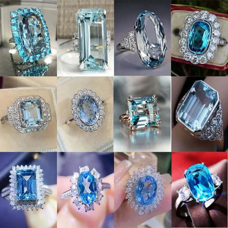 2024 New Fashion Sea Blue Cubic Zirconia Women's Wedding Ring Luxury Engagement Party Elegant   Brilliant Jewelry