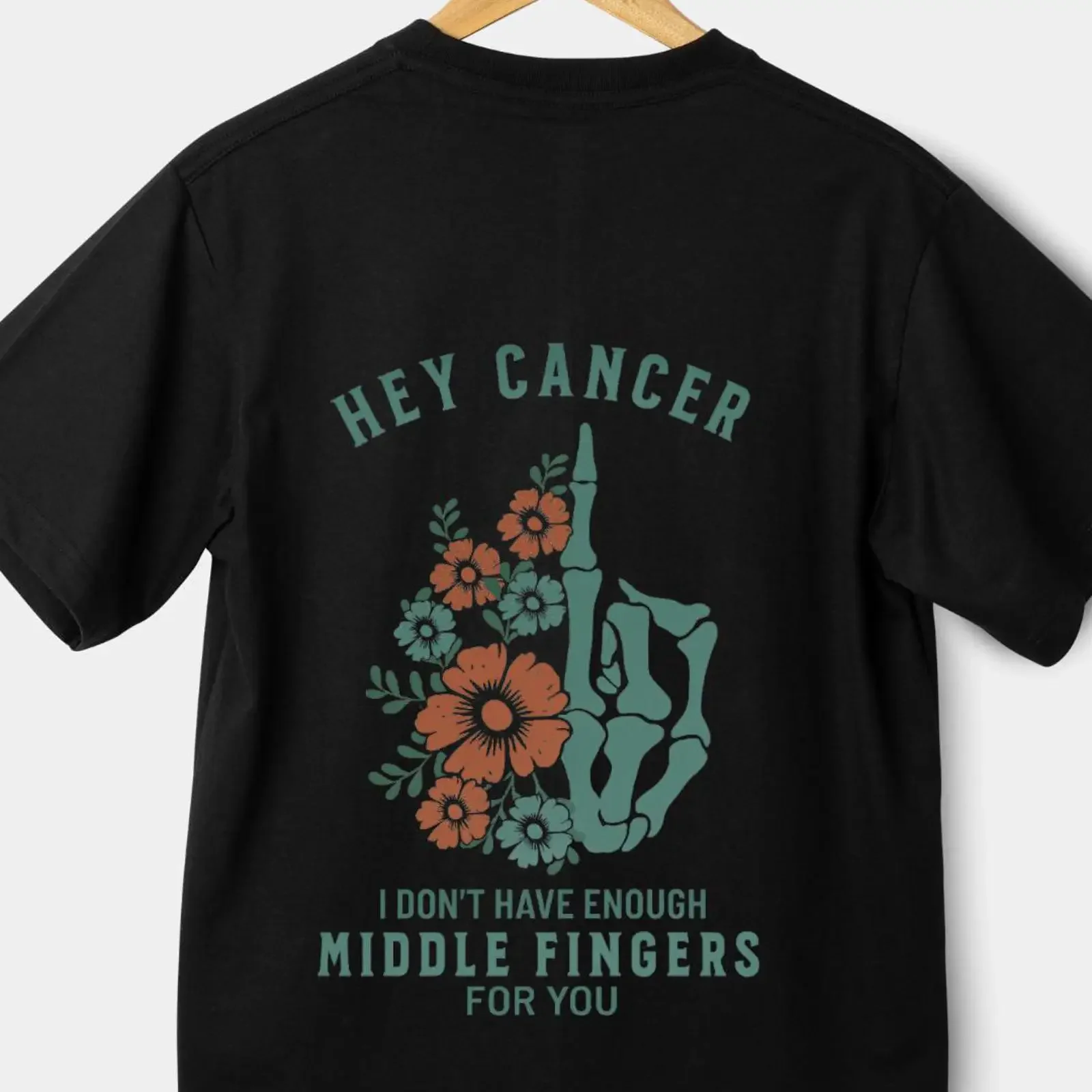 Hey Cancer I Don't Have Enough Middle Fingers Anti Awareness Skeleton Hand Floral T Shirt vintage Washed streetwear Unisex