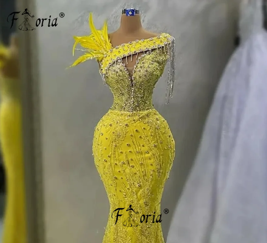 Delicate Crystal Beaded Mermaid Formal Evening Dress Full Beadings Tassel Feathers Yellow Prom Dress Custom Made Robe De Soiree