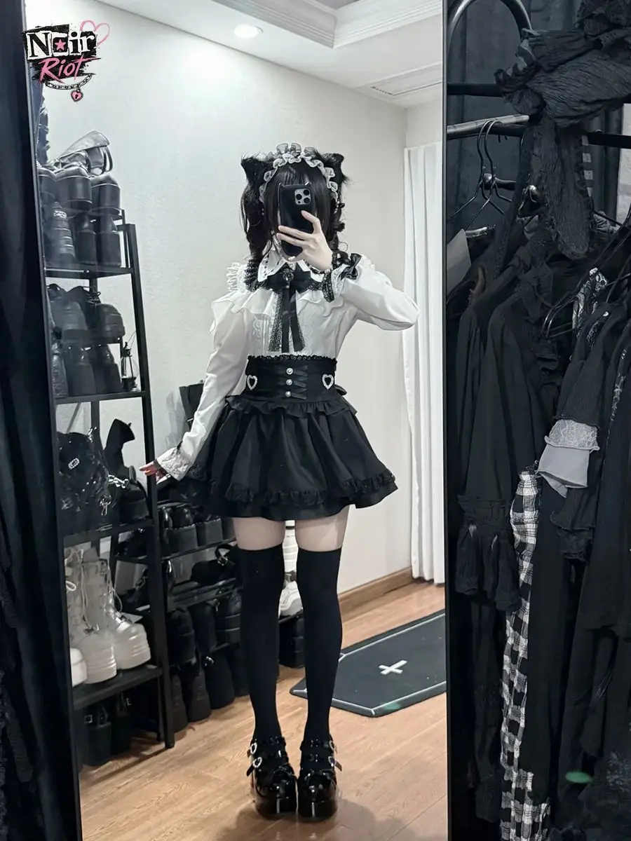 Japanese Gothic Lolita 2pcs Set Women Off-Shoulder Lace Bow Heart Buckle High-Waist Slim Fit Mini Skirt Harajuku Daily Wear 2026