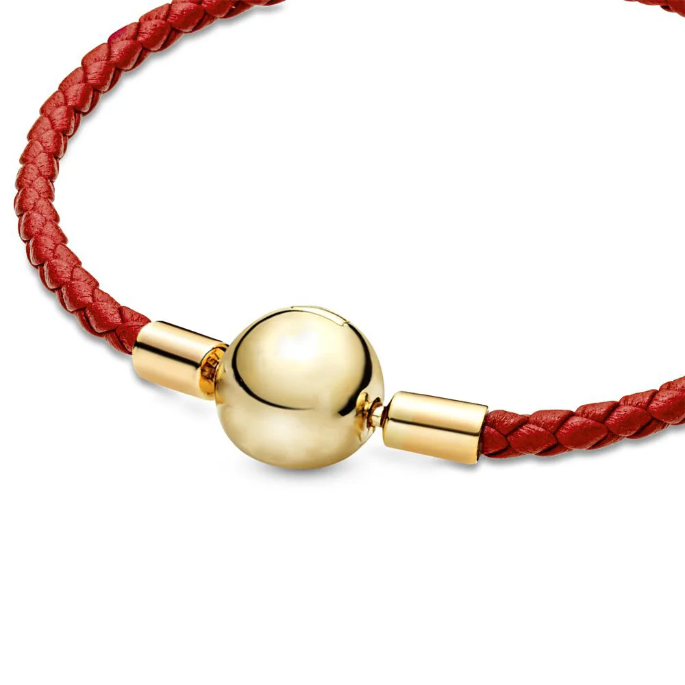 Trendy European Moments Bracelet With Round Clasp Braided Leather 925 Sterling Silver For Charm Bead Diy Jewelry Women Gifts