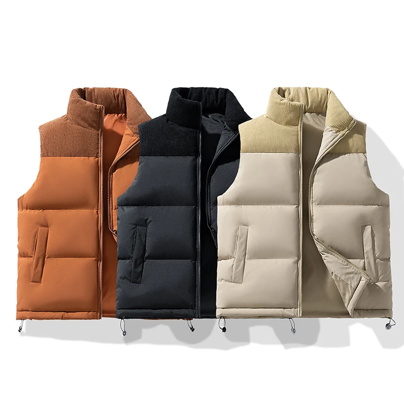 

Зимняя мода, толстый мужской жилет с цветными блоками, вельветовая уличная куртка с нашивками, молодежный жилет без рукавов с воротником-стойкой для тепла