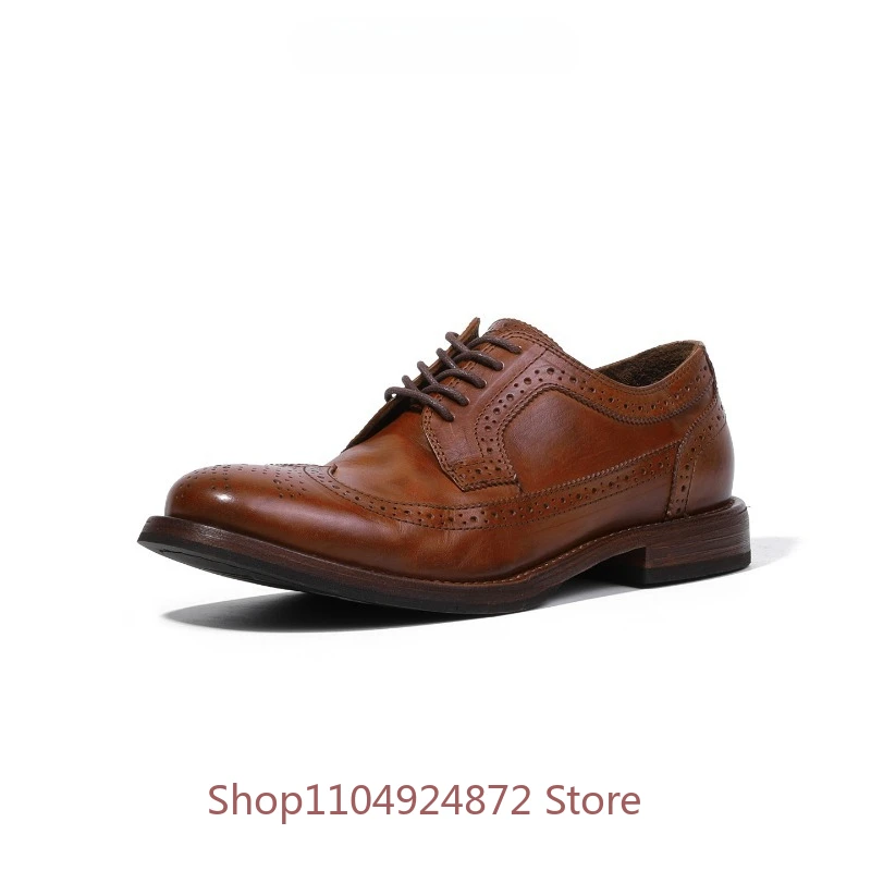 Brogue Horse Leather Derby Shoes Men's Business Retro British Style Casual Genuine Leather Handmade Office Wedding Dress Shoes