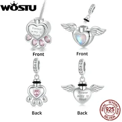 WOSTU Real 925 Sterling Silver Pet Memorial Urn Ashes Pendant  Angel Wing Pink Paw Charms Fit Bracelet Necklace Family DIY Gift