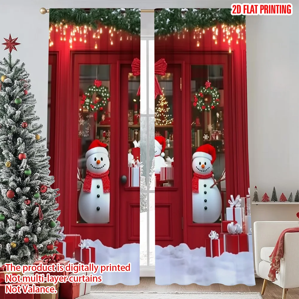 

2pcs 2D flat printing Christmas Window Curtains Christmas Red Versatile Durable Polyester Without Electricity Spring Party &