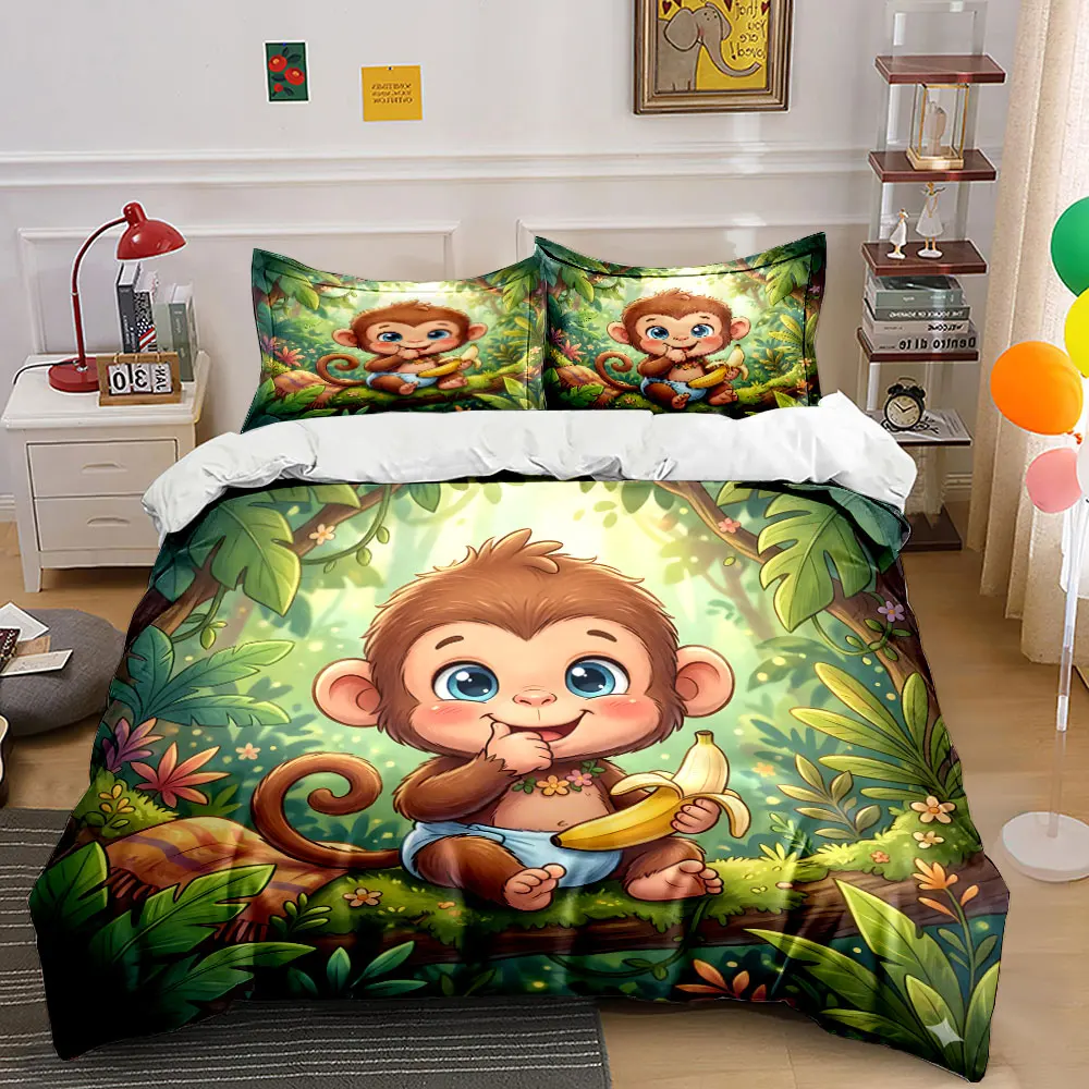 Cute monkey in the forest cartoon Print Bedding Set 1 Duvet Cover 2 Pillowcases for Adult and Children Luxury Gift Full Size