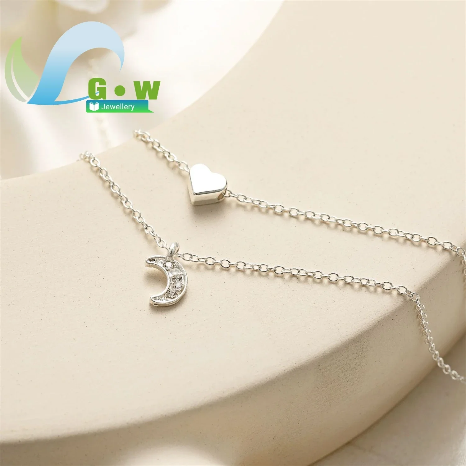 Two Layer Heart Moon Pendant Necklace Adjustable Choker Boho Dainty Jewelry for Women Girls Everyday Office Work Weekends Casual