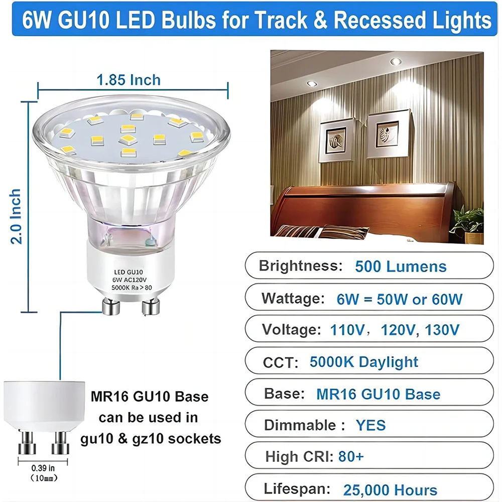 家庭およびオフィス用のアルミニウム合金LEDスポットライト,6w,幅90-265v,AC,gu10電球,60 smd2835,75, 80, 530