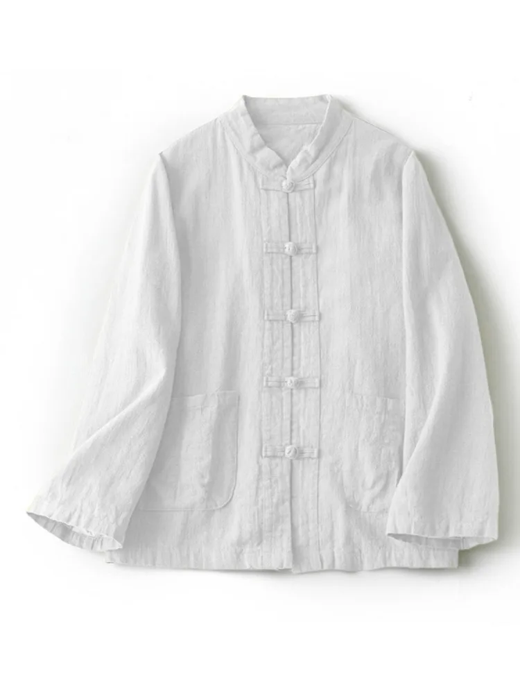 

Chinese Zen Sle Cotton Linen Long Sve irt Stand Collar Button up Women's Spring Autumn Hanfu Outerwear Linen Coat
