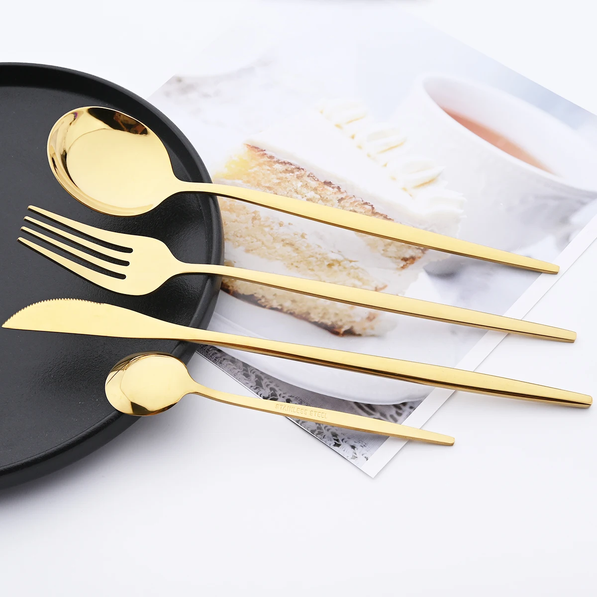 48pcs Black Gold Cutlery Set Knife Dessert Fork Coffee Spoon Dinnerware Stainless Steel Tableware Western Party Kitchen Flatware