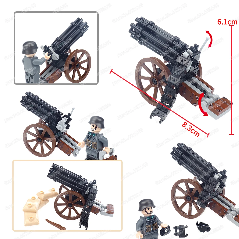 Military Wheel Gatling Gun Building Block Assembled Moc WW2 Figures Charge Weapons Equipment War Scenes Model Child Gift Boy Toy