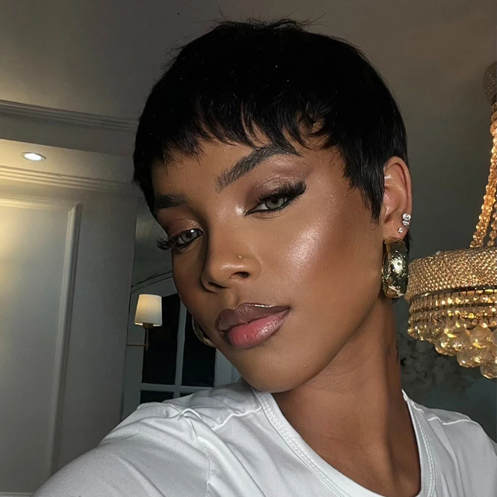 ピクシーカットウィッグ人毛ショートストレートウィッグ前髪付き女性用ブラジル産レミーヘアマシンメイドキャップストレート人毛ウィッグ