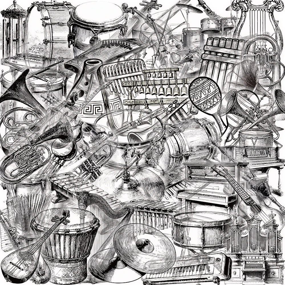 

50 шт. черно-белых наклеек с музыкальными инструментами, мультяшные, эстетичные, для телефона, багажа, ноутбука, DIY, кофе, мотоцикла, граффити